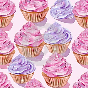 Seamless vector pattern with pastel pink cupcakes