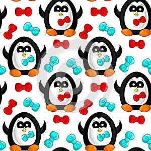 Seamless vector pattern with penguin and bow tie