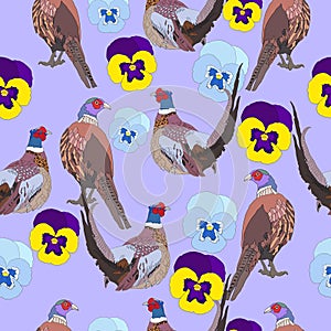 Seamless vector pattern with pheasant birds on a soft lilac background.