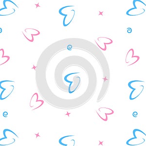 seamless vector pattern with pink and blue hearts, as well as blue swirls and pink stars