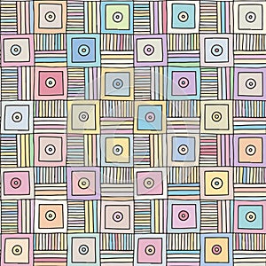 Seamless vector pattern. Pink geometrical hand drawn background with figures, squares, circle, dots, lines. Print for background,