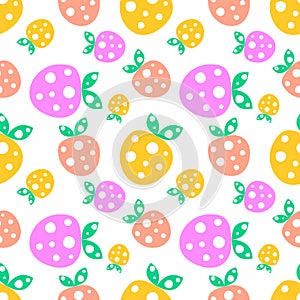 Seamless vector pattern with pink and yellow decorative ornamental cute strawberries and dots on the white background.