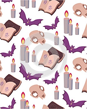 Seamless vector pattern Prediction the future, Magic, Mystic. Attributes of occultism: candles, skull, magic books, bat