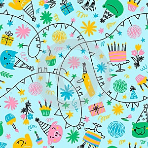 Seamless vector pattern with holiday cupcakes, cakes, animals, flags, decor. Festive birthday illustration. Party
