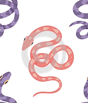 Seamless vector pattern with purple and pink snakes. Cartoon texture with pythons on white background. Surface design with