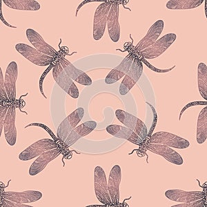 Seamless vector pattern with purple shiny dragonfly on a tender pink background.