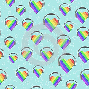 Seamless vector pattern with rainbow LGBT hearts with headphones and notes. Musical pride flag color illustration