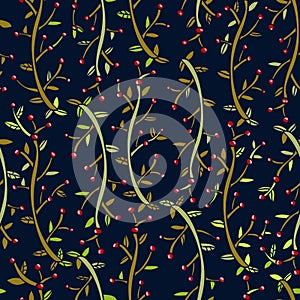 Seamless vector pattern with red berries on dark background