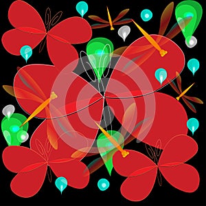 Seamless vector pattern with red butterflies, dragonflies and raindrops on a black background.