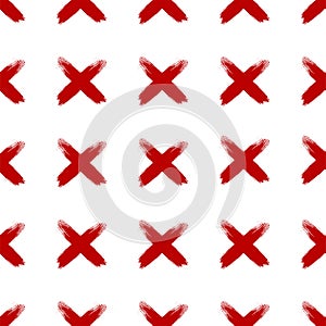 Seamless vector pattern red crosses with dry brush texture. Isolated graphic strikethrough on a white background.