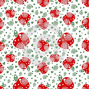Seamless vector pattern with red ornamental apples and decorative elements