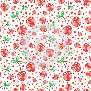 Seamless vector pattern with red ornamental cherries and decorative elements on the white background. Repeating ornament