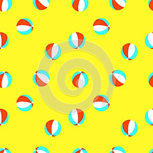 Seamless vector pattern with red, white and blue beachballs on yellow background