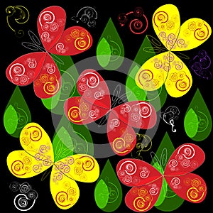 Seamless vector pattern with red and yellow bright butterflies, on a black background.