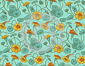 Seamless vector pattern with red and yellow nasturtium flowers and leaves on turquoise background