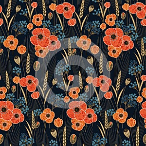 Seamless vector pattern with retro poppy and field flowers