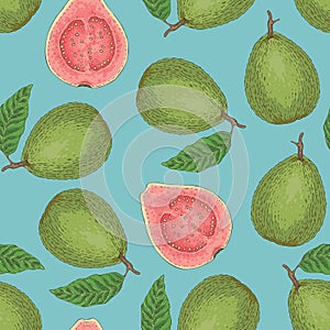 Seamless Vector Pattern with Ripe Guava with Leaf