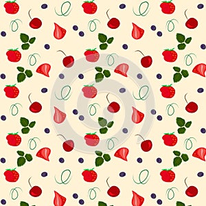 Seamless vector pattern with ripe strawberries, leaves and cherry .cartoon  hand drawing. Kitchen design for paper, textiles, wall
