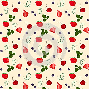 Seamless vector pattern with ripe strawberries, leaves and cherry .