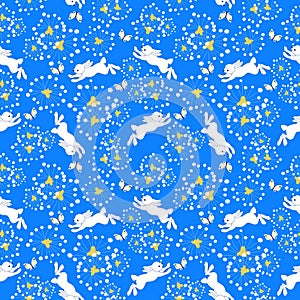 seamless vector pattern with running rabbits and dandelions on blue background