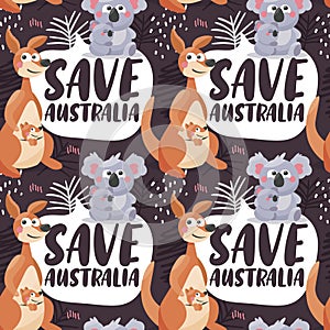 Seamless vector pattern Save Australia with Koala Bears and Kangaroo