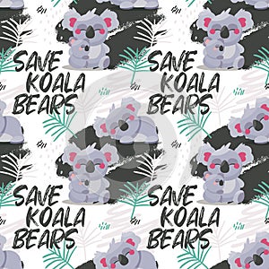 Seamless vector pattern Save Koala Bears with leaf Australia