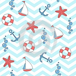 Seamless vector pattern with sea anchors, stars, sails and life buoys.
