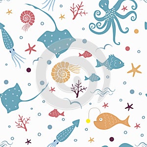 Seamless vector pattern with sea elements - octopus, fish, squid, stingray, shell, coral