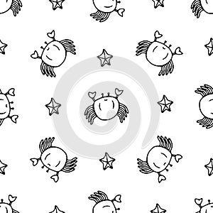 Seamless vector pattern with sea and ocean creatures such as crab, jellyfish, Outline drawing perfect for coloring page