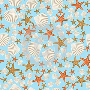 Seamless vector pattern of sea shells and starfish