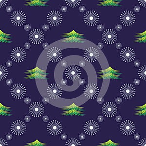 Seamless vector pattern. Seasonal winter symmetrical blue background with snowflakes and fir-trees