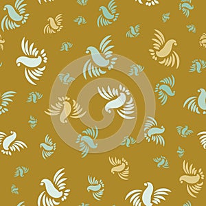 Seamless vector pattern with silhouettes of flying birds on a mustartd yellow background