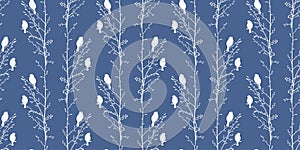 Seamless vector pattern of silhouettes sparrows birds sitting on tree branches in spring, background for wallpaper, paper,textile