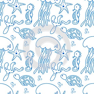Seamless vector pattern with sketch of sea animals. Ocean seamless vector pattern. Decoration print for wrapping