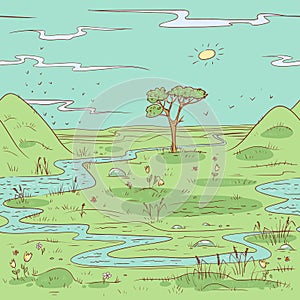 Seamless vector pattern sketch of the summer landscape. The background panorama of the natural terrain.