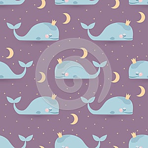 Seamless vector pattern with sleeping whales, moon & stars. Good