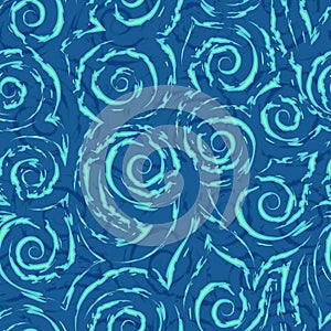 Seamless vector pattern of spirals of torn lines and corners of turquoise color on a blue background.Texture of swirls