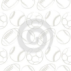 Seamless vector pattern with sport equipment. Black and white background with tennis balls, footballs, basketballs and socer balls