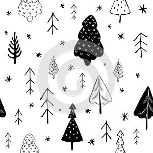 Seamless vector pattern with stylized trees and snowflakes on white background