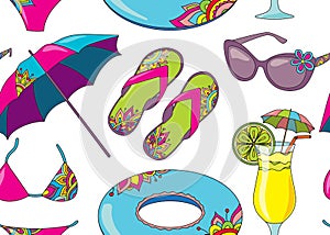 Seamless vector pattern with summer holidays seaside beach objects