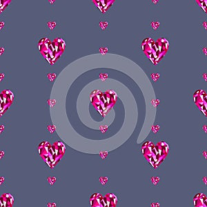Seamless vector pattern, symmetrical background with bright pink gemstones in the shape of hearts