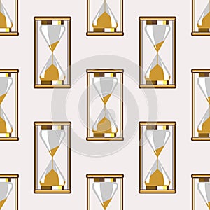 Seamless vector pattern. Symmetrical background with closeup gold sandglasses on the grey backdrop