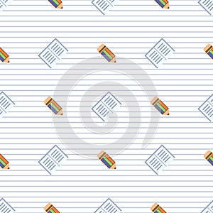 Seamless vector pattern, symmetrical background with colorful pencils and notepads, on the white linear exercise book paper