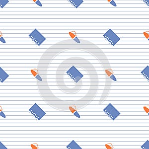 Seamless vector pattern, symmetrical background with colorful pens and notepads, on the white linear exercise book paper