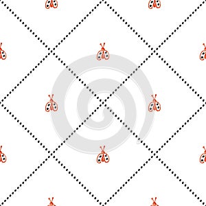 Seamless vector pattern, symmetrical background with cute ladubugs on the white backdrop.