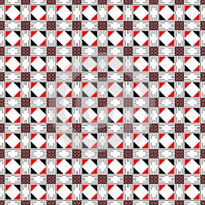 Seamless vector pattern. Symmetrical geometric abstract background with squares, rectangles and lines in black, white, red colors