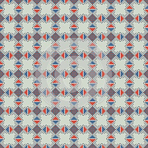 Seamless vector pattern. Symmetrical geometric abstract background with squares, rectangles and lines in blue and red colors.