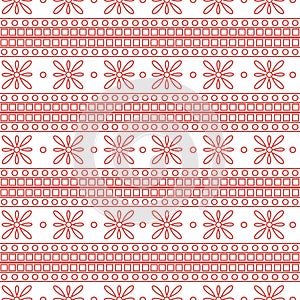 Seamless vector pattern. Symmetrical geometric background with pink squares and flowers on the white backdrop. Decorative ornament