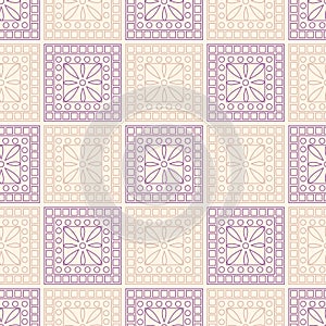 Seamless vector pattern. Symmetrical geometric background with pink and violet squares and circles. Decorative ornament