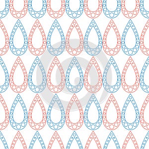 Seamless vector pattern. Symmetrical geometric background with red and blue drops on the white backdrop. Decorative repeating orna